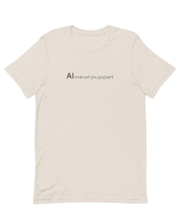 The front of an off-white AI Meat Puppet T-shirt with the AI Meat Puppet logo on it against a white background