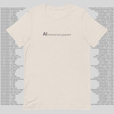 The front of an off-white AI Meat Puppet T-shirt with the AI Meat Puppet logo on it against a background of random grey code