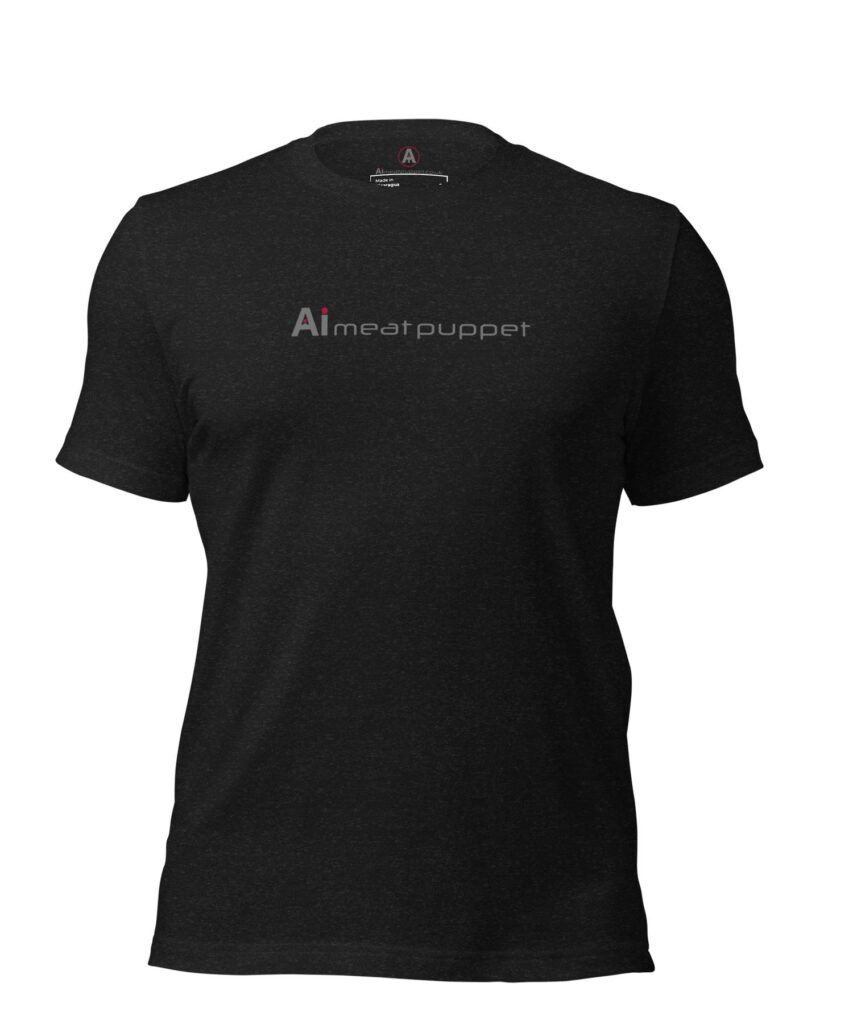 The front of a black AI Meat Puppet T-shirt with the AI Meat Puppet logo on it against a white background