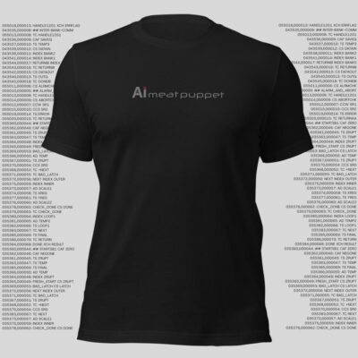 The front of a dark blue AI Meat Puppet Hoodie with the AI Meat Puppet logo on it against a background of random grey code