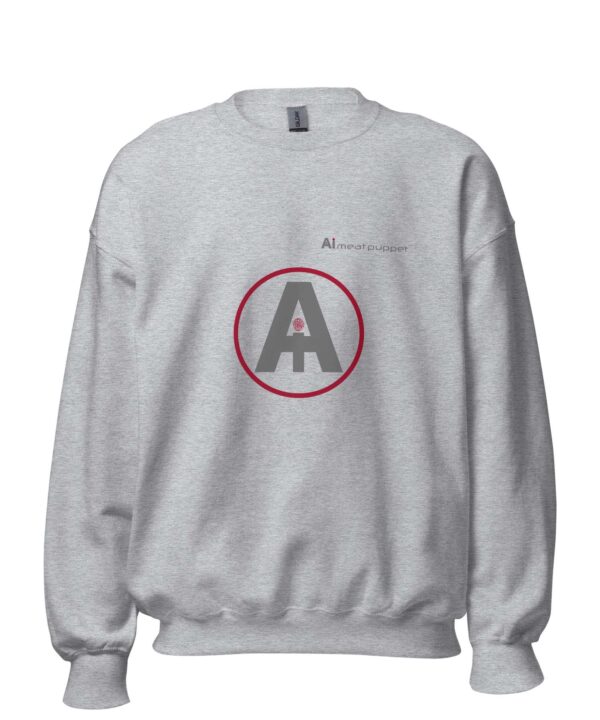 The front of a grey AI Meat Puppet sweatshirt with the AI Meat Puppet logo on it against a white background