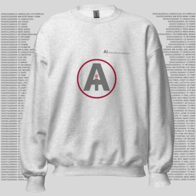 The front of a light grey AI Meat Puppet sweatshirt with the AI Meat Puppet logo on it against a background of random grey code