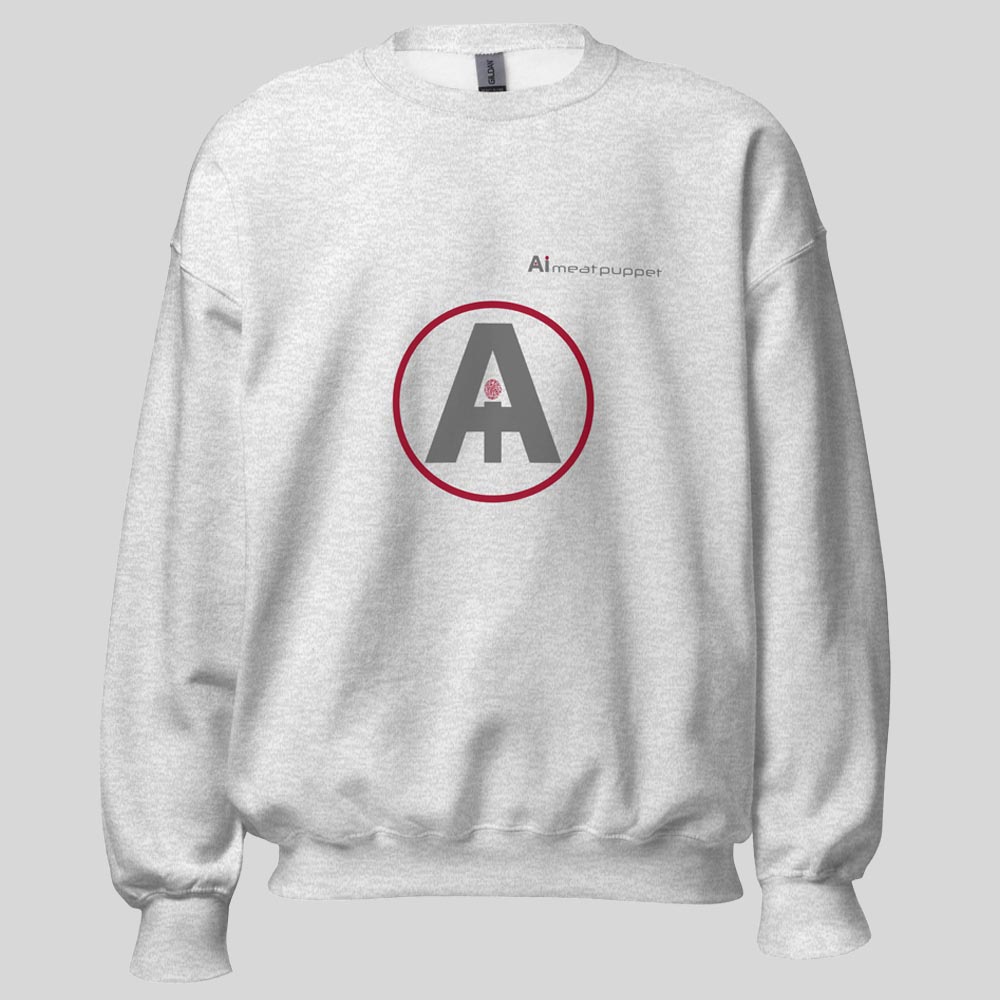 The front of a light grey AI Meat Puppet sweatshirt with the AI Meat Puppet logo on it against a light grey background