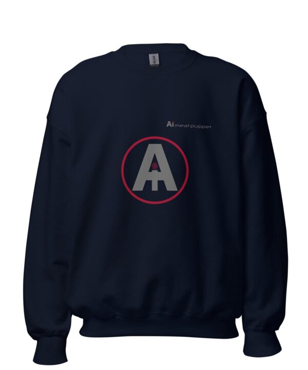 The front of a dark blue AI Meat Puppet sweatshirt with the AI Meat Puppet logo on it against a white background