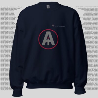 The front of a dark blue AI Meat Puppet Hoodie with the AI Meat Puppet logo on it against a background of random grey code