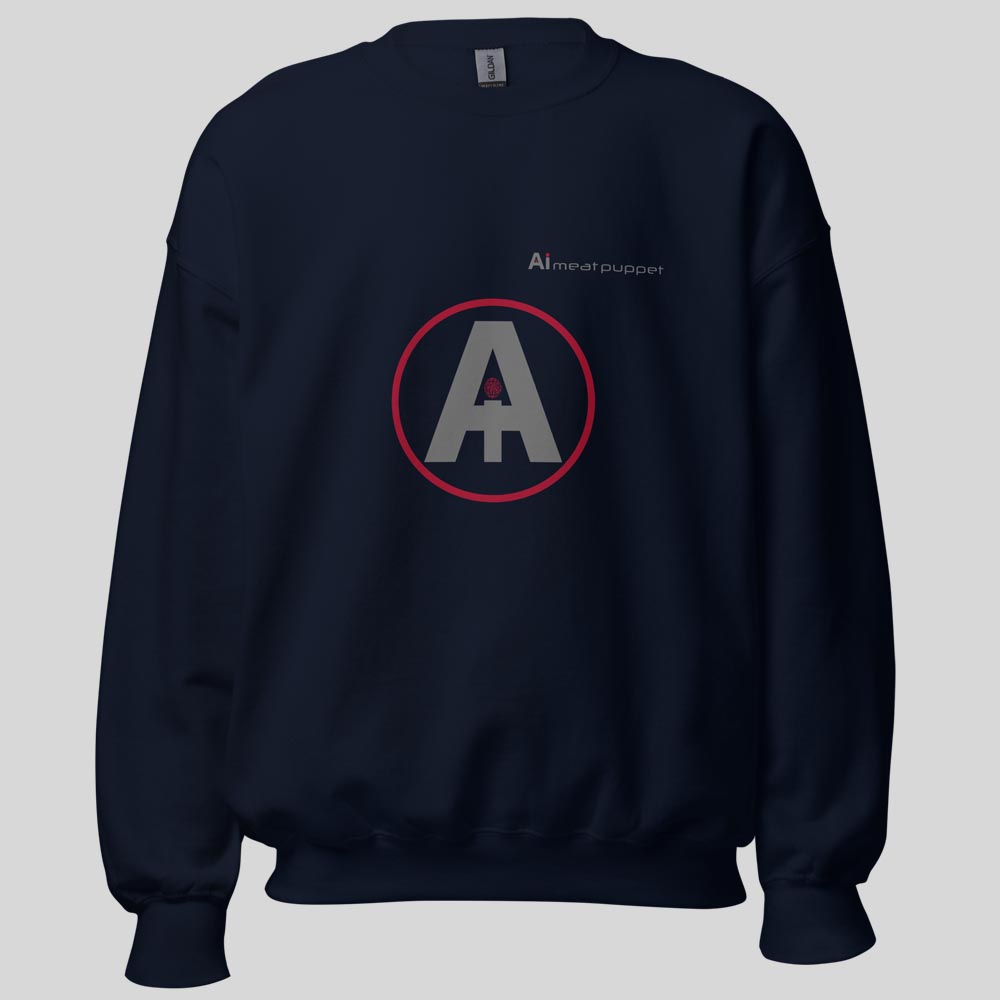 The front of a dark blue AI Meat Puppet sweatshirt with the AI Meat Puppet logo on it against a light grey background