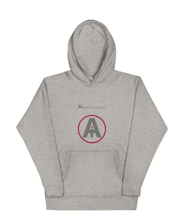 The front of a grey AI Meat Puppet Hoodie with the AI Meat Puppet logo on it against a white background