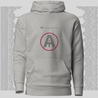The front of a light grey AI Meat Puppet Hoodie with the AI Meat Puppet logo on it against a background of random grey code