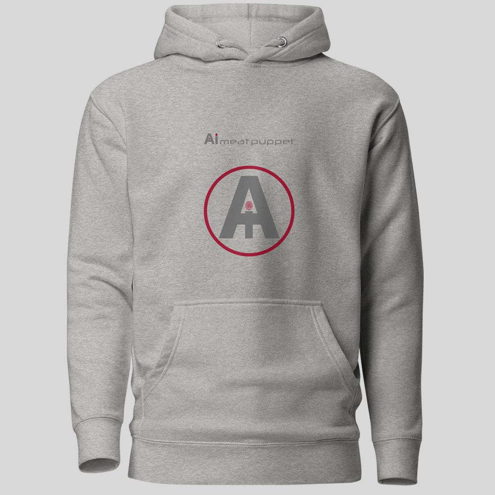The back of a light grey AI Meat Puppet Hoodie with the AI Meat Puppet logo on it against a light grey background