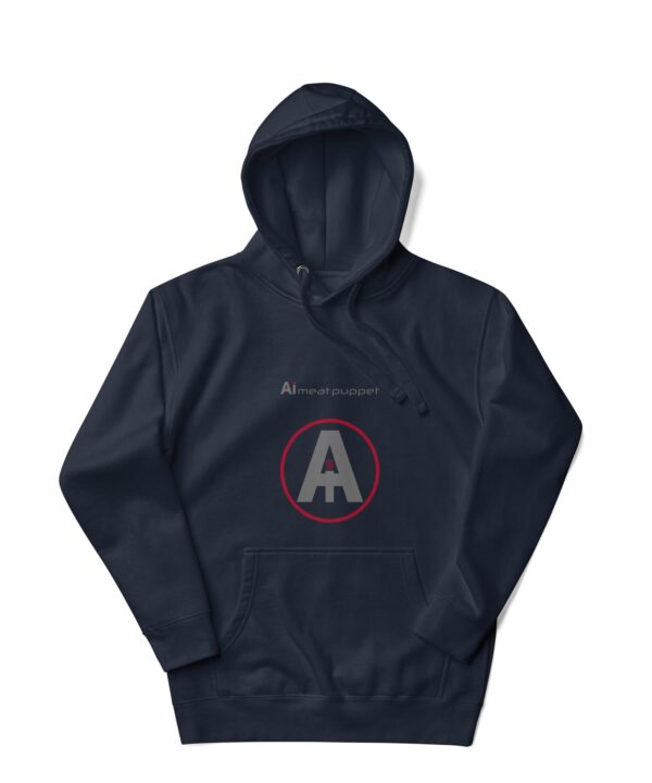 A front of a dark blue AI Meat Puppet hoodie with the AI Meat Puppet logo on it against a white background