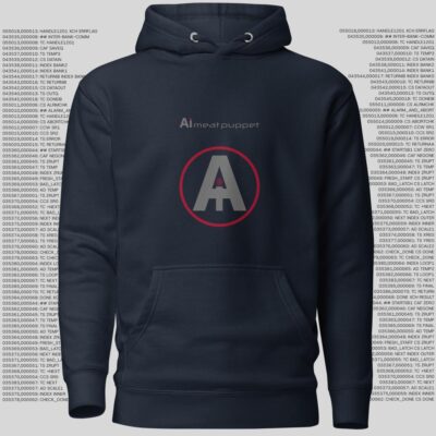The front of a dark blue AI Meat Puppet Hoodie with the AI Meat Puppet logo on it against a background of random grey code