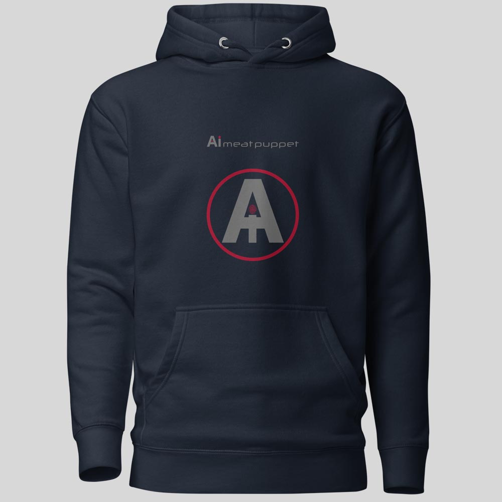 The front of a dark blue AI Meat Puppet Hoodie with the AI Meat Puppet logo on it against a light grey background