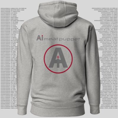 The back of a light grey AI Meat Puppet Hoodie with the AI Meat Puppet logo on it against a background of random grey code
