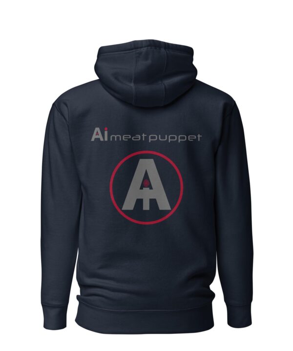 The back of a dark blue AI Meat Puppet Hoodie with the AI Meat Puppet logo on it against a white background