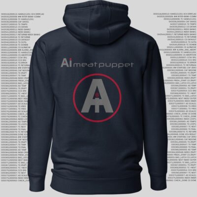 The back of a dark blue AI Meat Puppet Hoodie with the AI Meat Puppet logo on it against a background of random grey code
