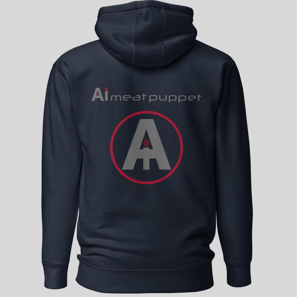 The back of a dark blue AI Meat Puppet Hoodie with the AI Meat Puppet logo on it against a light grey background