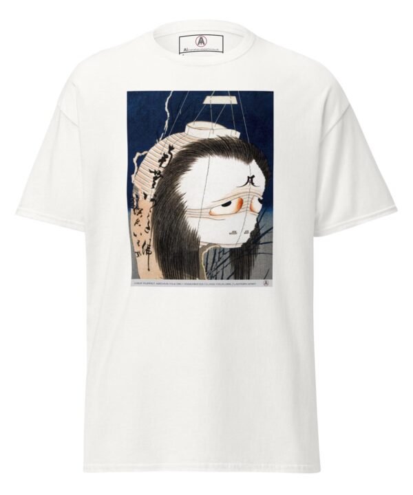 The front of a white AI Meat Puppet t-shirt with a haunting ghost-like face on a Japanese lantern hung by strings.