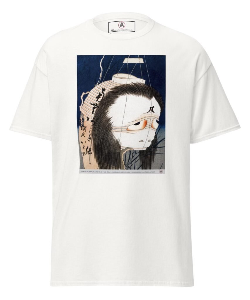 The front of a white AI Meat Puppet t-shirt with a haunting ghost-like face on a Japanese lantern hung by strings.