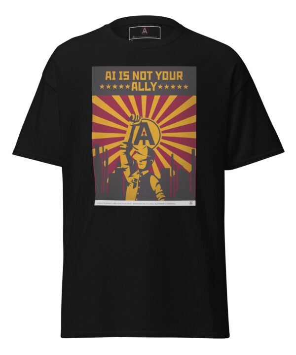 The front of a black AI Meat Puppet t-shirt with regulated propaganda geometry and the controlled chromatic fields of proletariat protest. Slogan reads “AI is not your ally”.