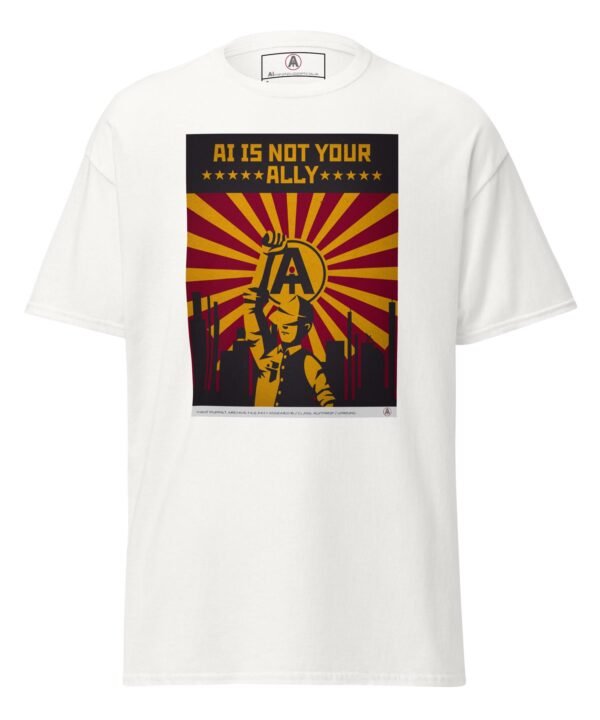 The front of a white AI Meat Puppet t-shirt with regulated propaganda geometry and the controlled chromatic fields of proletariat protest. Slogan reads “AI is not your ally”.
