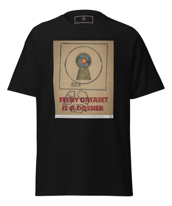 The front of a black AI Meat Puppet t-shirt with an image on cardboard texture which integrates surveillance iconography and recycled substrate logic. Slogan reads: Every dataset is a dossier”.