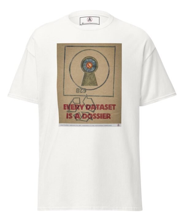 The front of a white AI Meat Puppet t-shirt with an image on cardboard texture which integrates surveillance iconography and recycled substrate logic. Slogan reads: Every dataset is a dossier”.